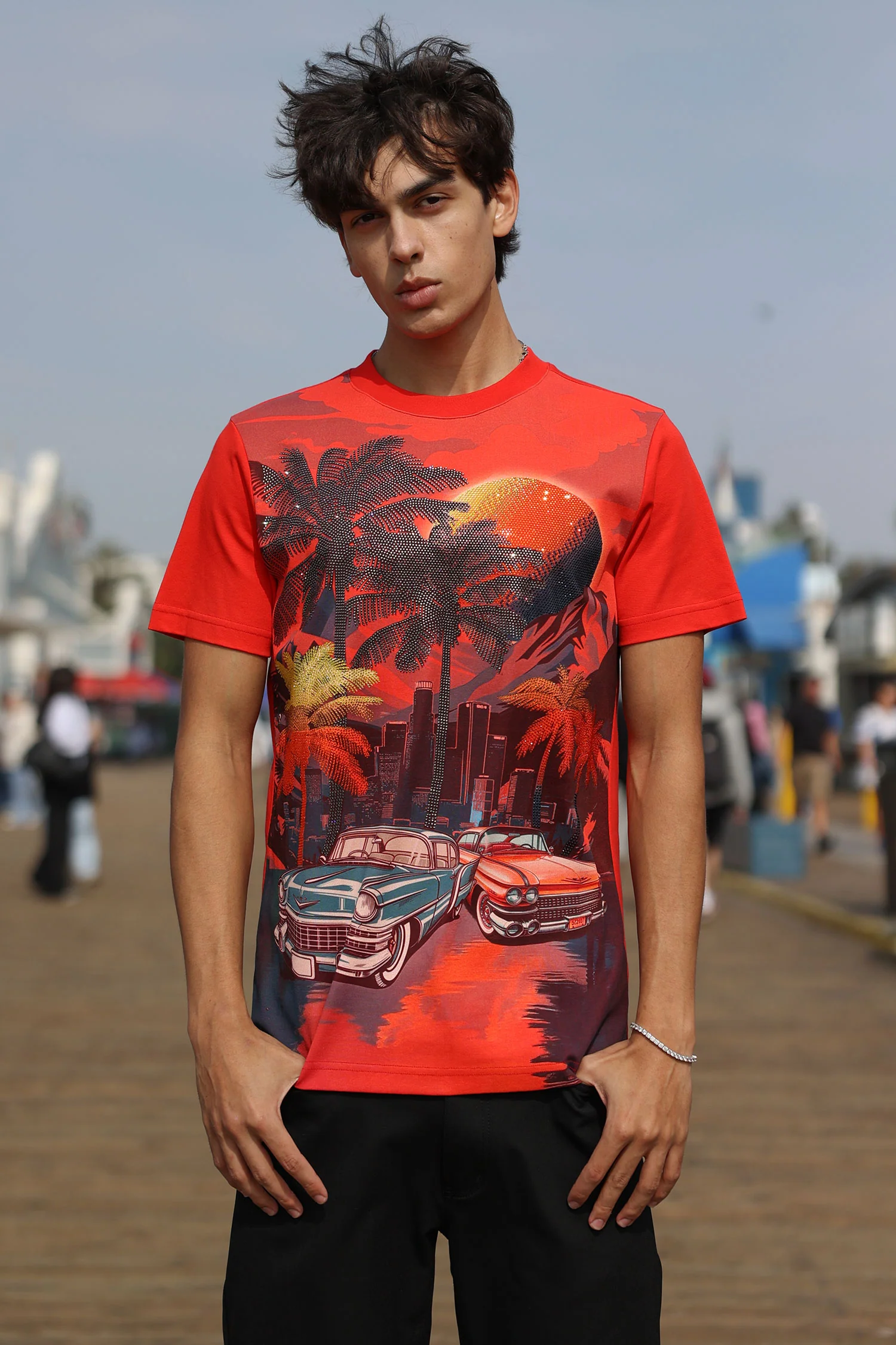 Miami Classic Cars Rhinestone Crew Neck T-Shirt