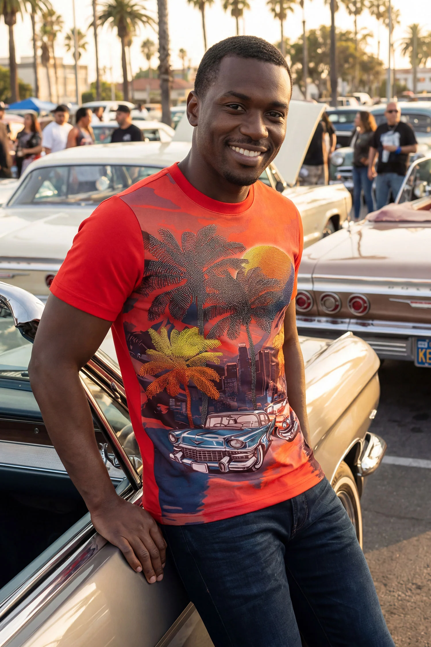 Miami Classic Cars Rhinestone Crew Neck T-Shirt - Image 2