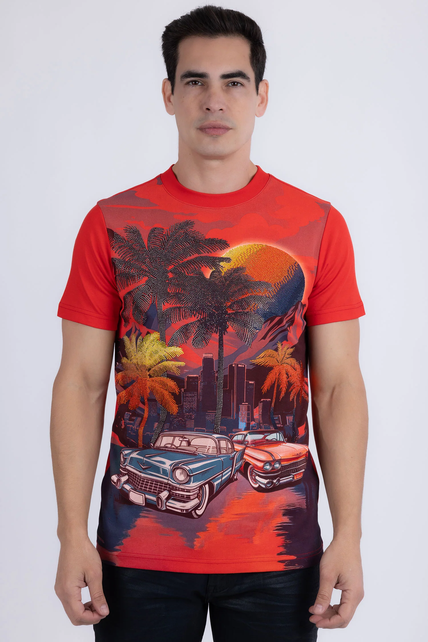 Miami Classic Cars Rhinestone Crew Neck T-Shirt - Image 3