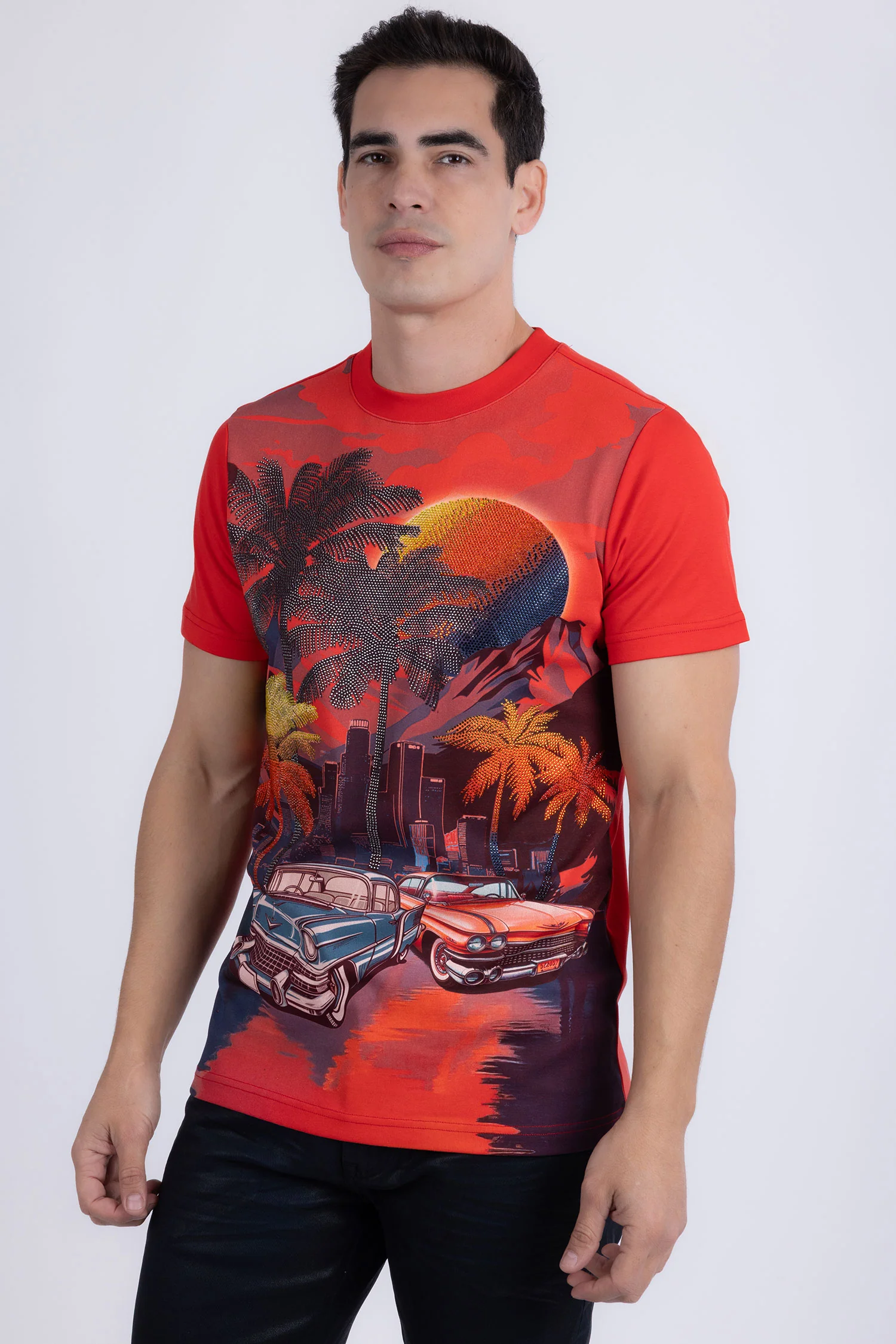 Miami Classic Cars Rhinestone Crew Neck T-Shirt - Image 4