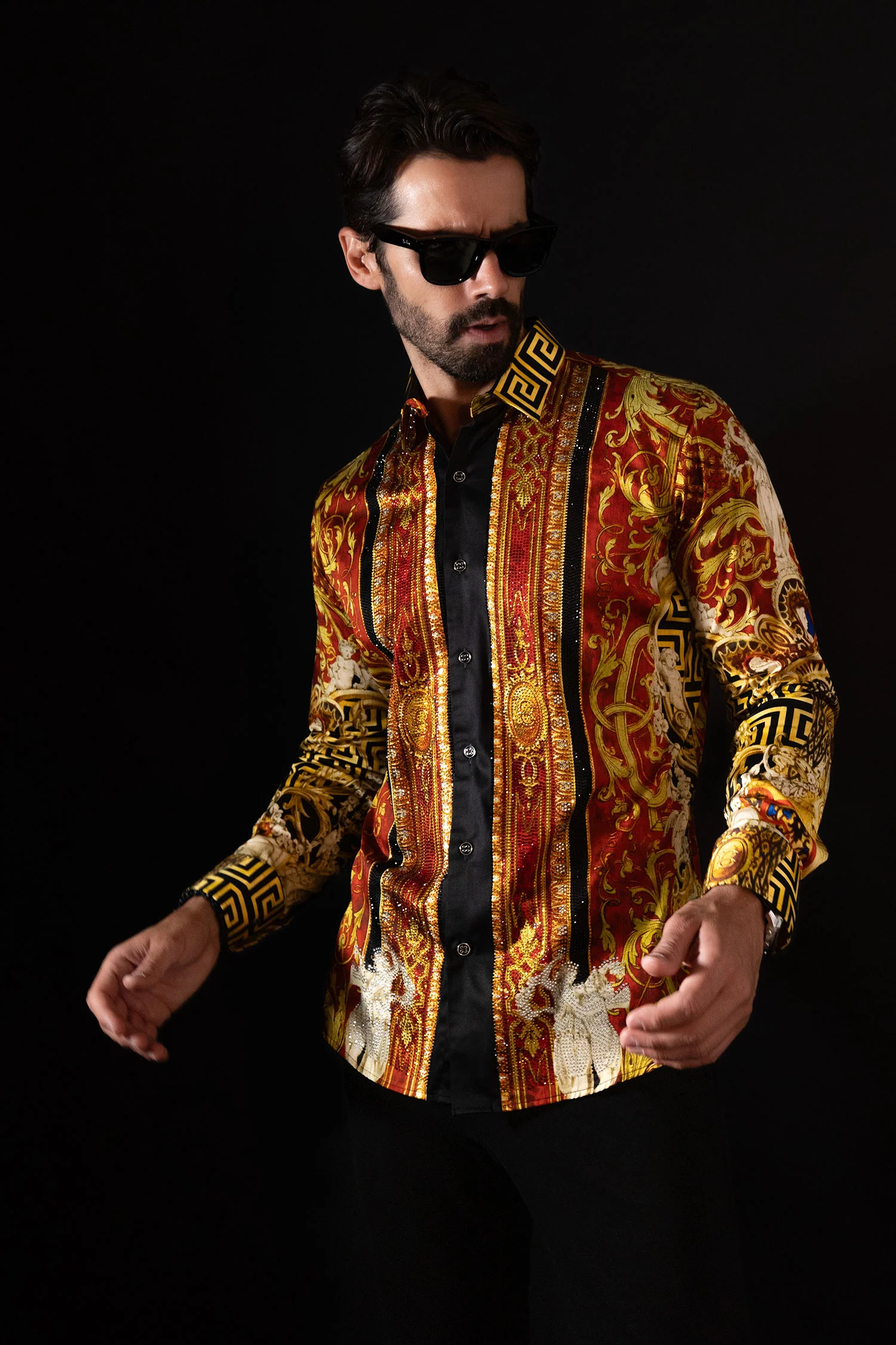 Straight Abstract Rhinestone Long Sleeve Shirt